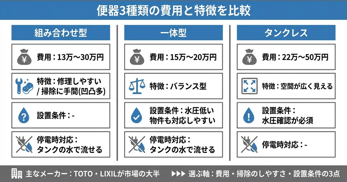 便器の種類別・費用と特徴の比較の図解