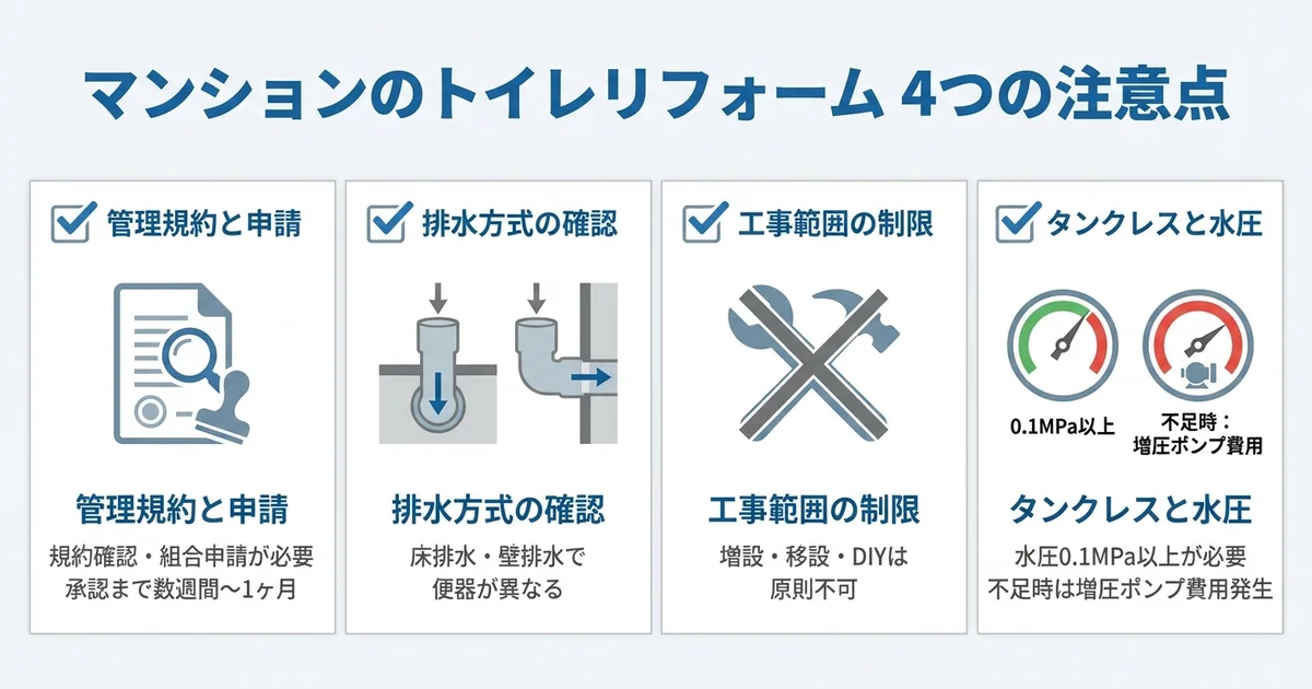 マンションのトイレリフォームで確認すべき注意点の図解