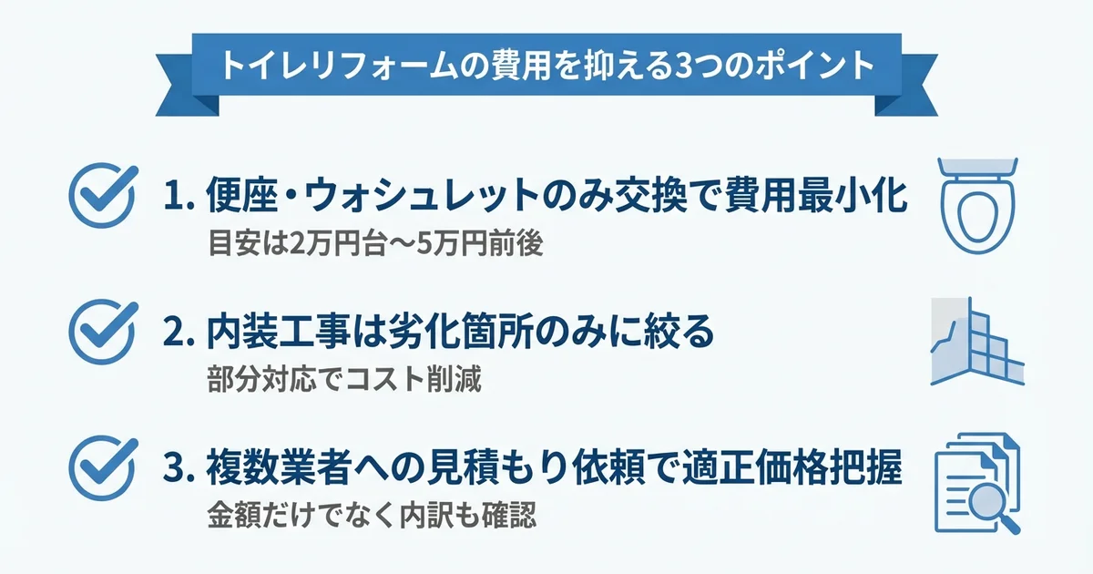 トイレリフォームの費用を抑えるポイントの図解