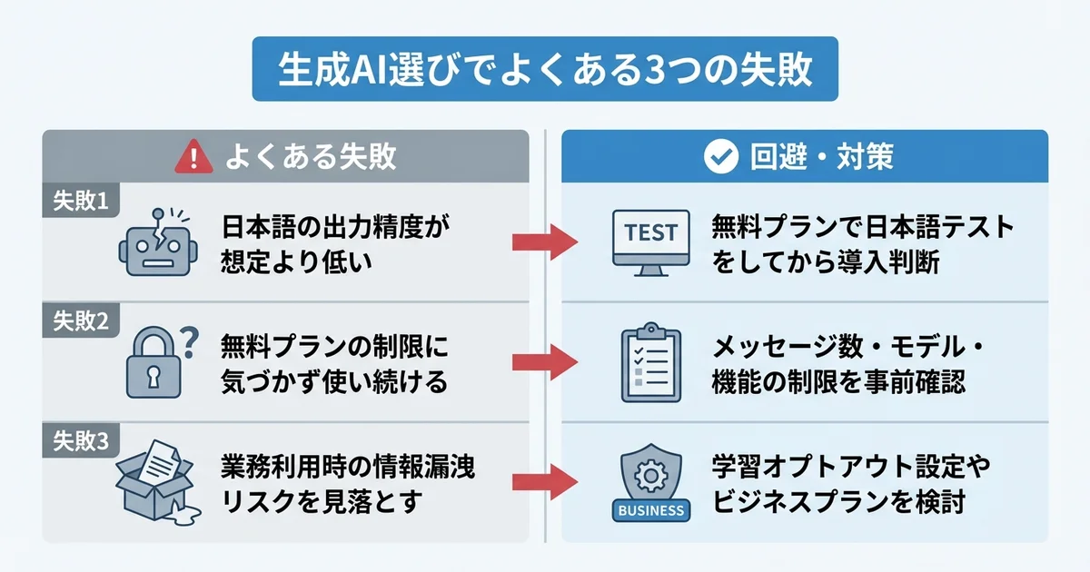 生成AI選びでよくある失敗と注意点の図解