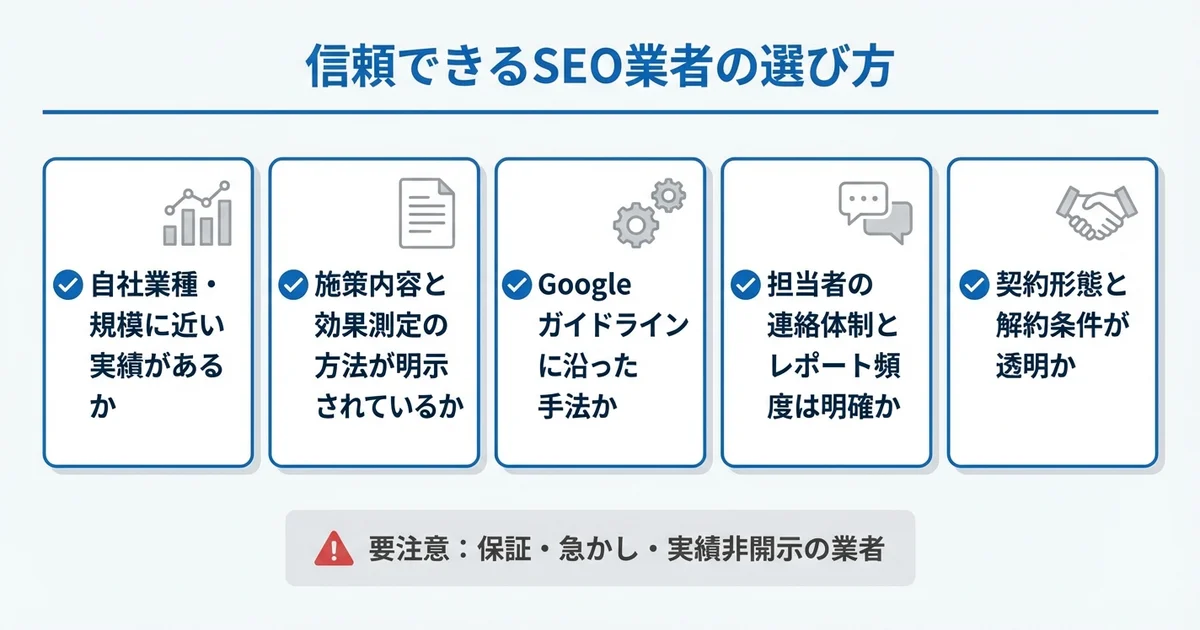 信頼できるSEO業者を選ぶための判断基準の図解