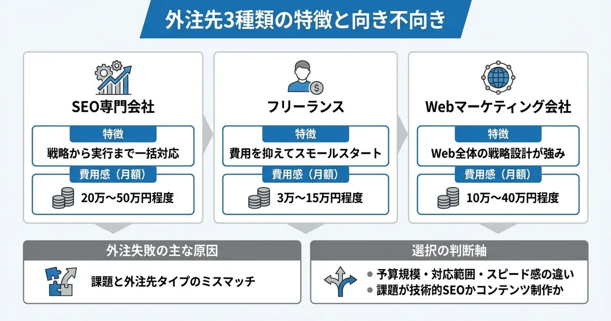 外注先の種類とそれぞれの特徴の図解