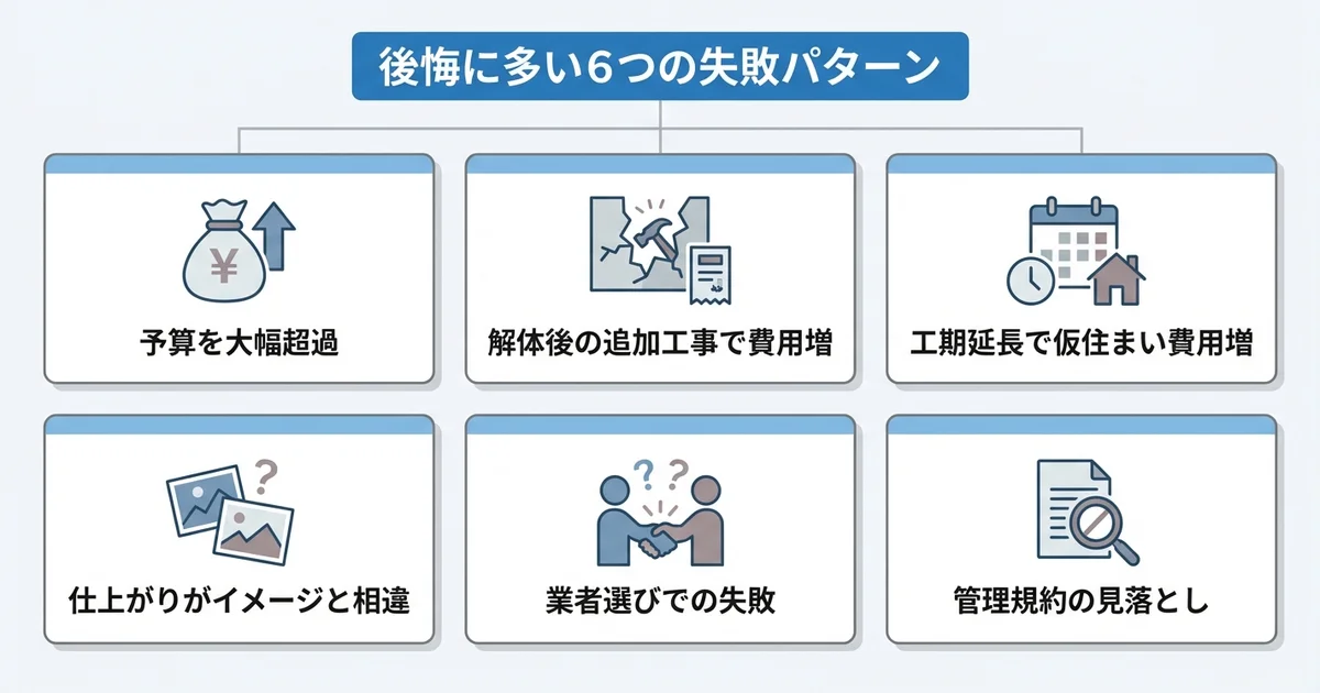 スケルトンリフォームで後悔した人に多い失敗パターンの図解