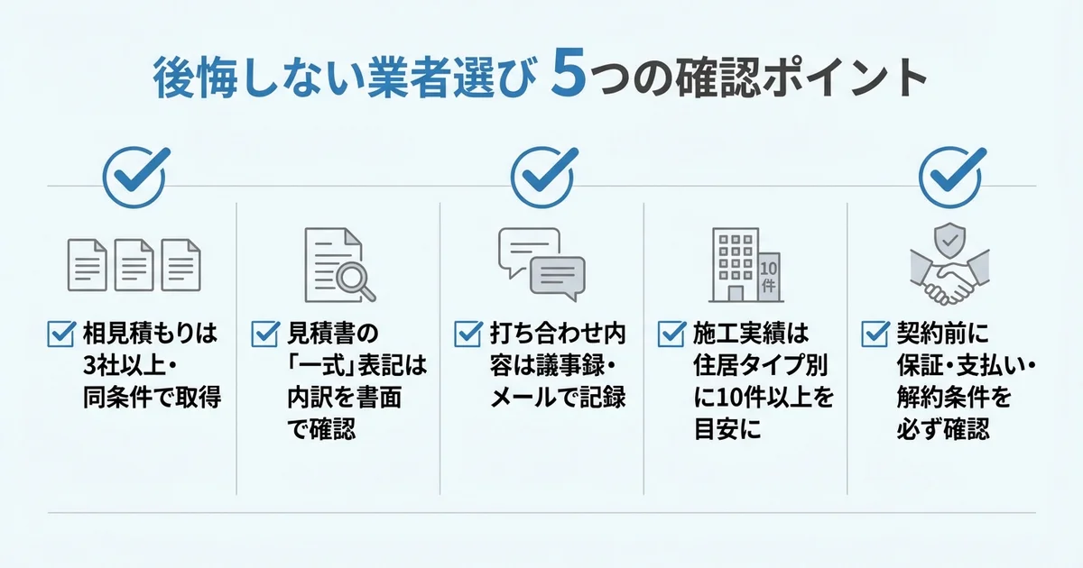 スケルトンリフォームの後悔を防ぐ業者選びのポイントの図解