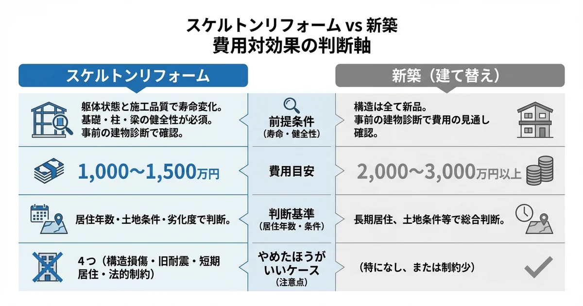 スケルトンリフォームと新築・建て替えの費用対効果の図解
