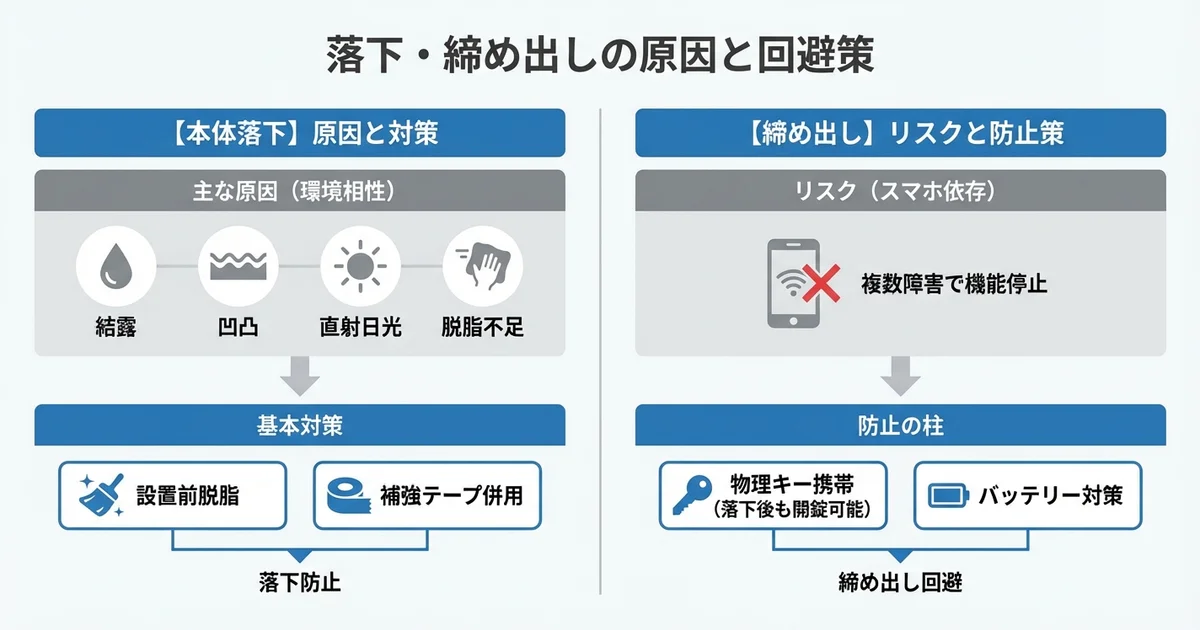 両面テープ剥がれ・落下と、物理キー不携帯の失敗談の図解