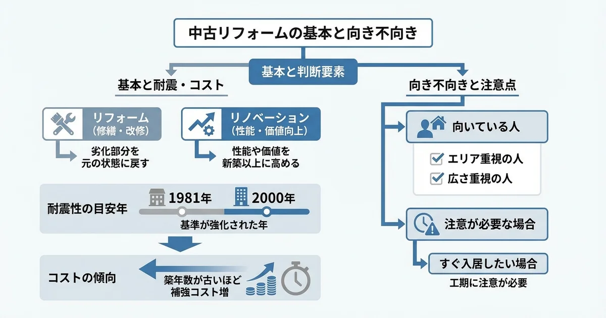中古住宅リフォームの基本：リノベーションとの違いと向いている人の図解