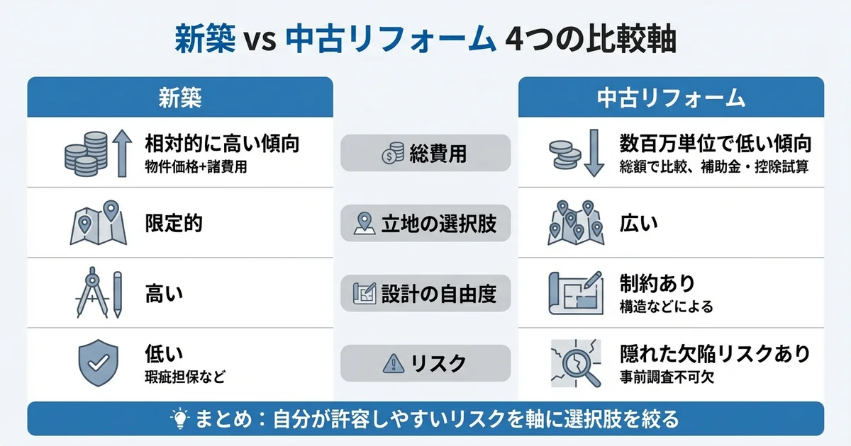 新築と中古リフォーム、費用・条件を比べるとの図解
